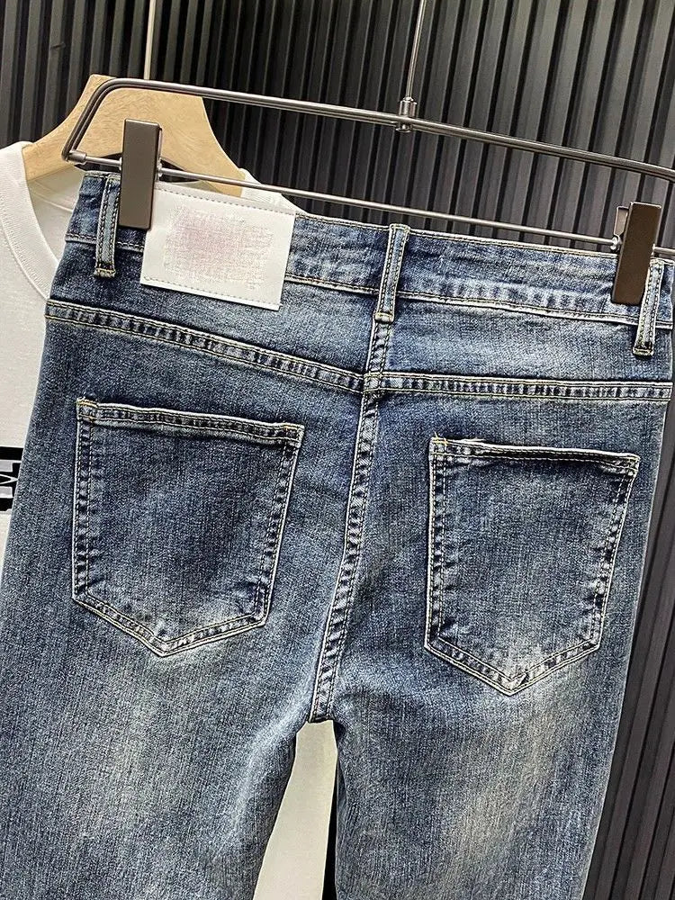 Trendy Brand 2026 Versatile Labeled Jeans for Men Stretch Slim Fit Simple Skinny Pants Trendy Cat Whisker Slimming Cropped Pants