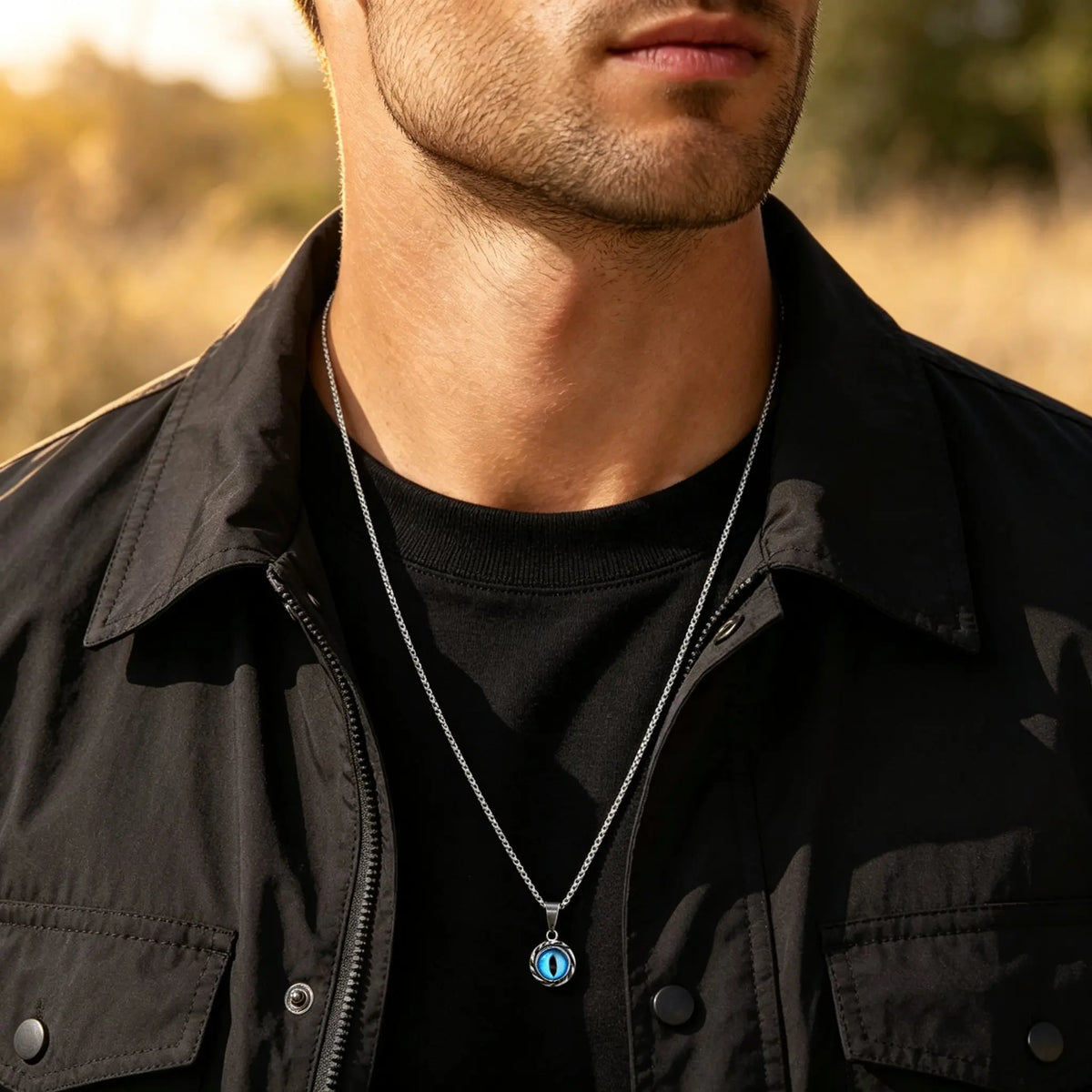Vintage Evil Eye Pendant Necklace for Men,Stainless Steel Blue Vertical Cat Eye Charm Pendant Necklace,Punk Amulet Jewelry Gift