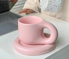 Creative chubby ceramic cup and saucer set, big handle design ins wind mug, macaron breakfast coffee