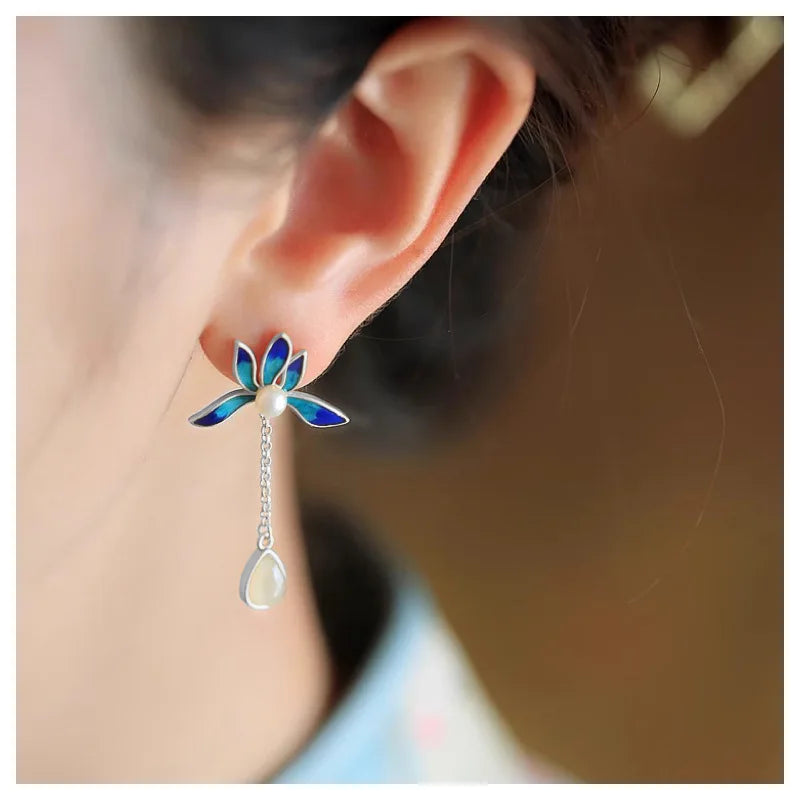 VENTFILLE Hetian Jade Ear Hook Earring Women's High-end Temperament Ethnic Style Retro Earrings Cloisonne Craft Dangler Gift
