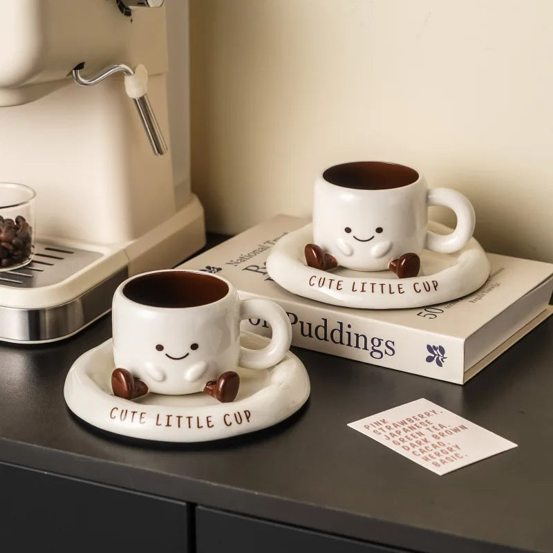 Cute Smiley Face Ceramic Coffee Mug with Saucer 3D Cartoon Design Tea Cup