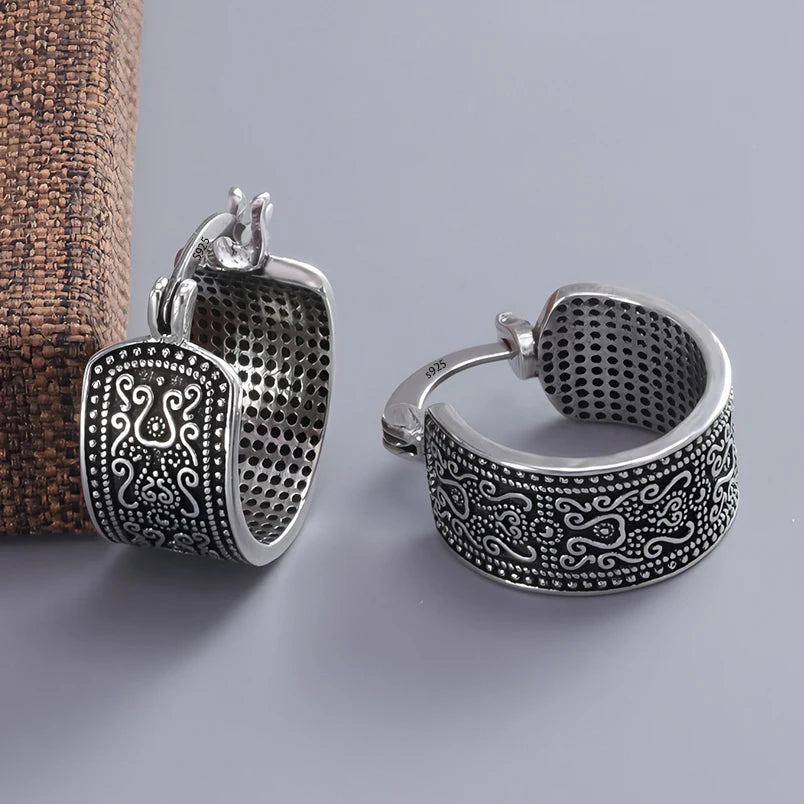 VENTFILLE 925 Sterling Silver Hoop Earring for Women Black Agate Hip Hop Versatile Big Bohemia Punk Jewelry Gift Dropshipping