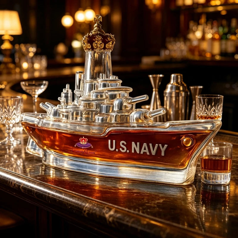 Novelty Warship Design Whiskey Decanter Crown Cap Clear Glass Liquor Bottle for Whiskey Bourbon Bar Display Decor Ornament