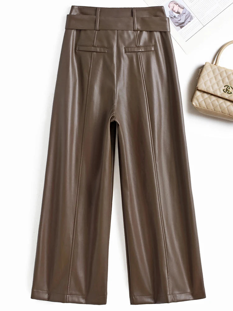 PENDRA Belted High Waist Straight PU Leather Pants