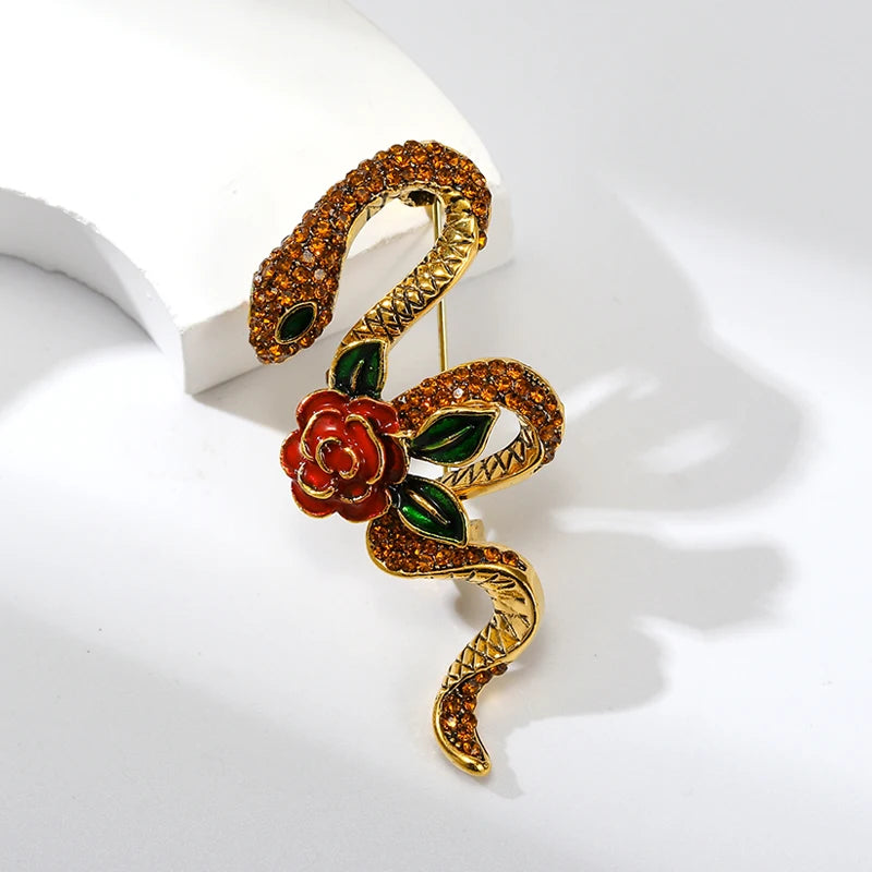 Wuli&baby Rhinestone Rose-flower Snake Brooches For Women Men 3-color Lovely Animal Party Brooch Pins Gifts