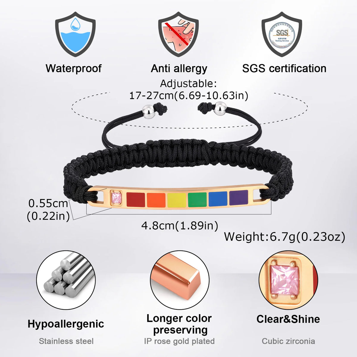 Rainbow Pride Bracelets for Gay Lesbian,Waterproof Rainbow Flag Stainless Steel Long Bar Leather Wristband,LGBTQ Pride Month