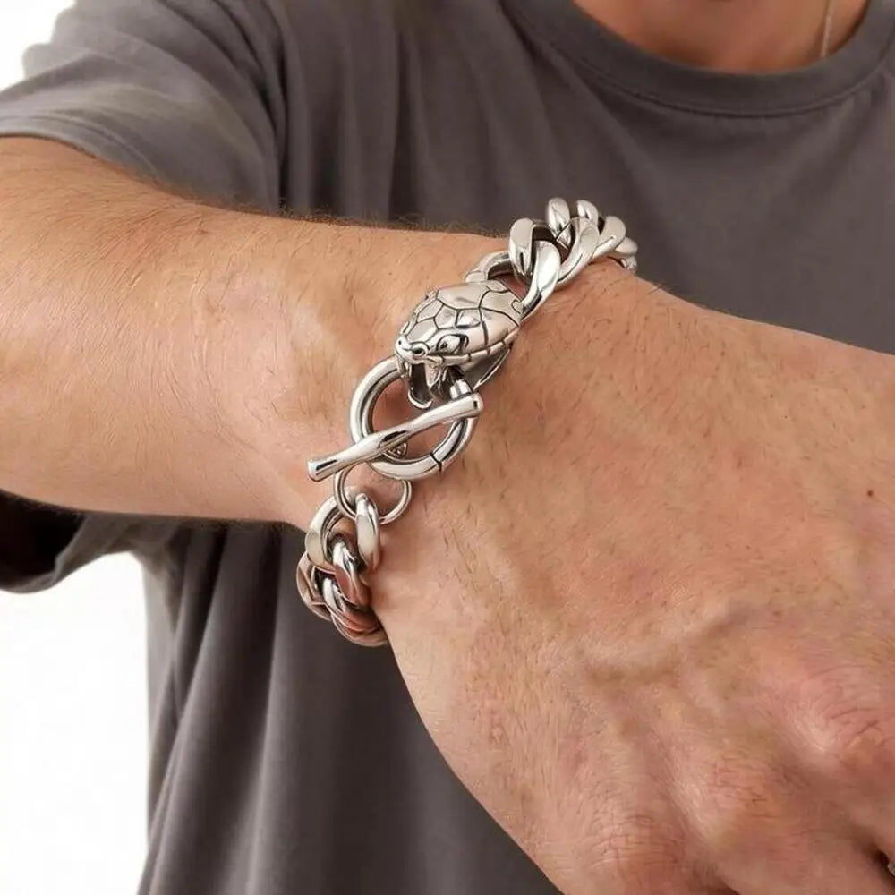 Rock Punk Men's Snake Head Chain Bracelet,11MM Stainless Steel Thick Chain Wristband,Birthday Party Gift for Him