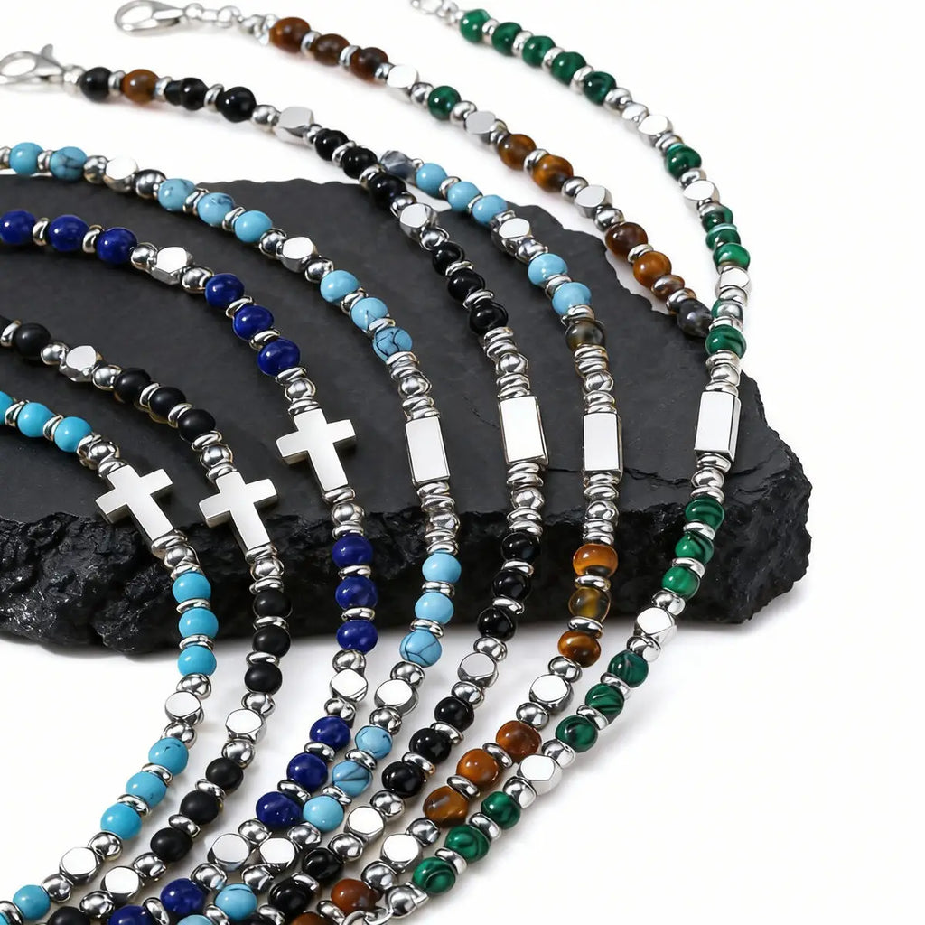 Trendy Men's Natural Stone Beaded Bracelet,Bohemian Cross Charms Chain Wristband,Jewelry Gift for Husband Dad Son