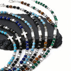 Trendy Men's Natural Stone Beaded Bracelet,Bohemian Cross Charms Chain Wristband,Jewelry Gift for Husband Dad Son