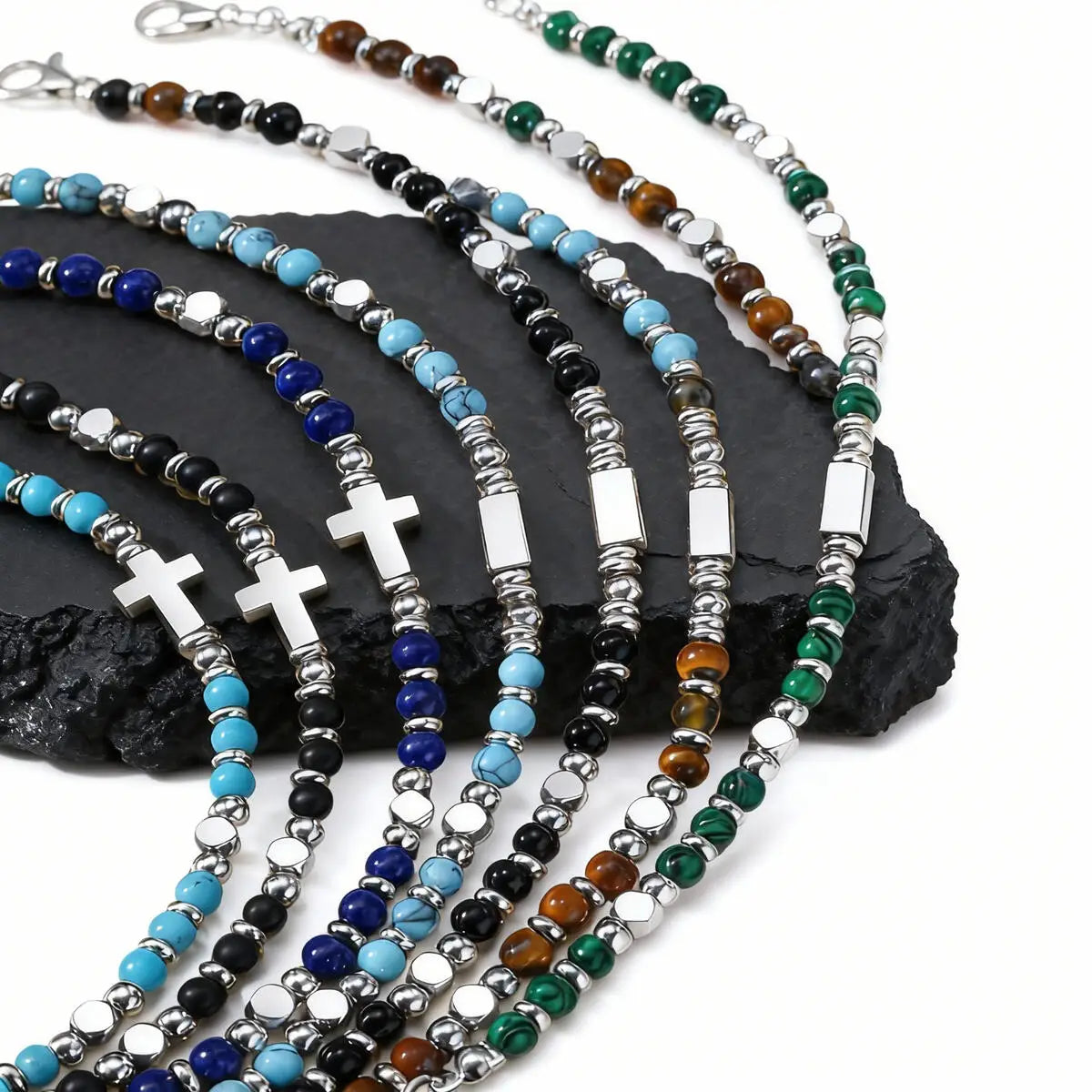 Trendy Men's Natural Stone Beaded Bracelet,Bohemian Cross Charms Chain Wristband,Jewelry Gift for Husband Dad Son