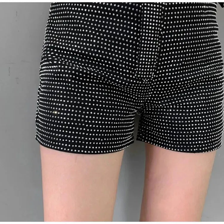 Rhinestone Shorts Women Wide Leg Shorts High Waist Sexy New Fashion Elastic Waist Diamond Casual Hot Pants Female belt
