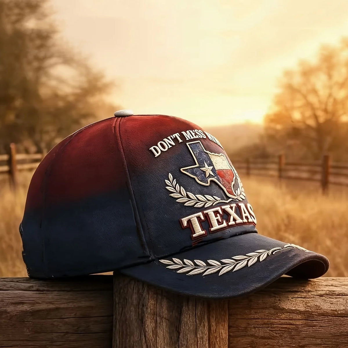 Vintage Washed Baseball Cap "Don'T Mess with Texas" Red And Blue Gradient Design, Embroidered Texas State Map And Laurel Wreath