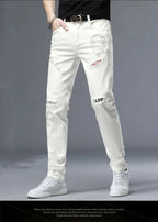 Spring Summer White Hot Drill Ripped Cowboy Korean Style Streetwear Men Washed Luxury Holes Slim Hip-hop Stylish Jeans Trousers