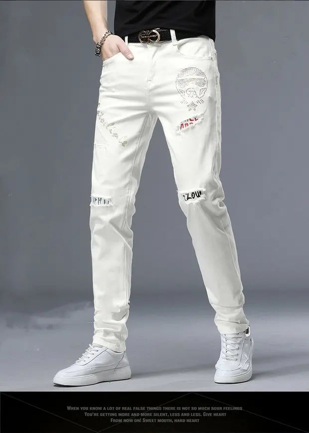 Spring Summer White Hot Drill Ripped Cowboy Korean Style Streetwear Men Washed Luxury Holes Slim Hip-hop Stylish Jeans Trousers