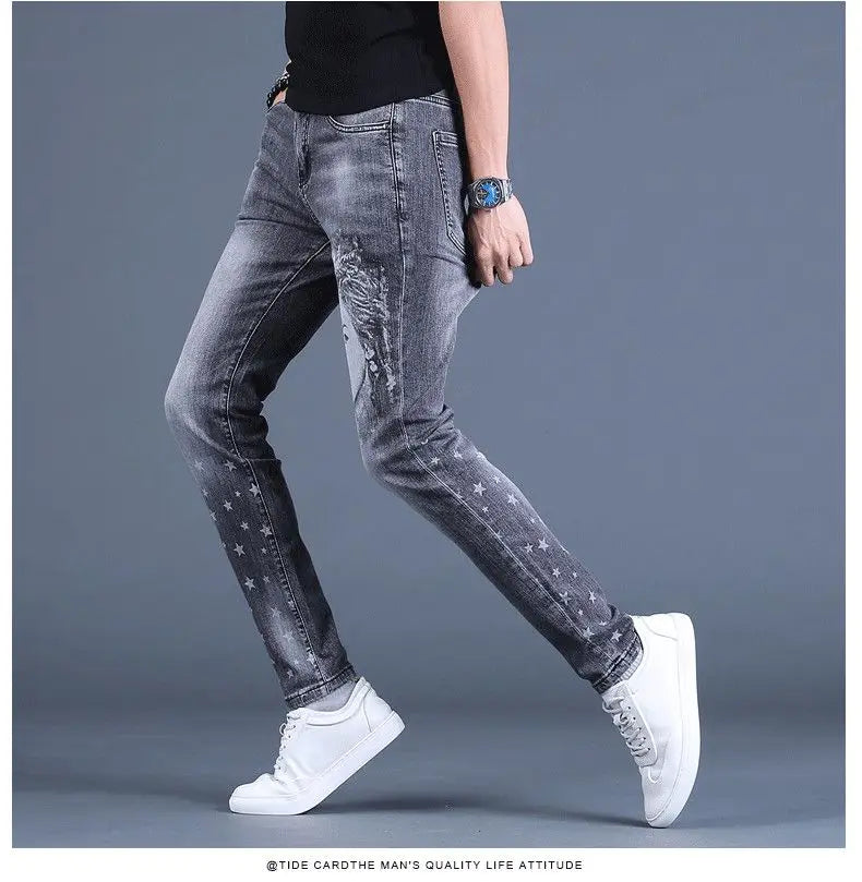 PENDRA Denim Cotton Printed Trousers