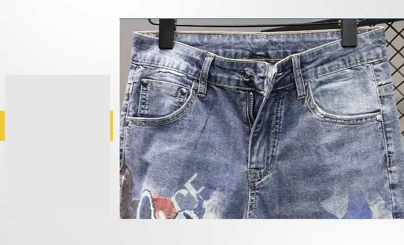Spring and Autumn 2025 Elastic Slim Small Foot Jeans Men's Korean Trendy Versatile Luxury Clothing Trendy Graffiti Printed Pants