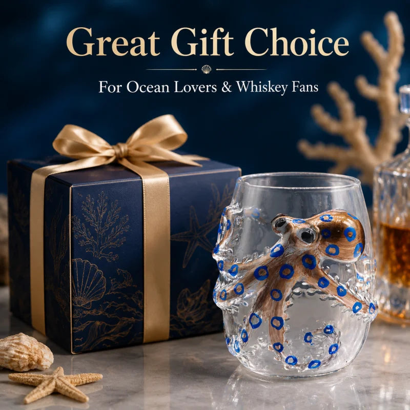 Novelty Octopus Shaped Whiskey Glass Clear Glass Tumbler with Blue Spot Marine Design for Bourbon Cocktail and Gift