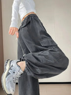 Corduroy cargo wide leg pants women in winter 2025 new high waisted loose fit slimming and ankle tied casual pants