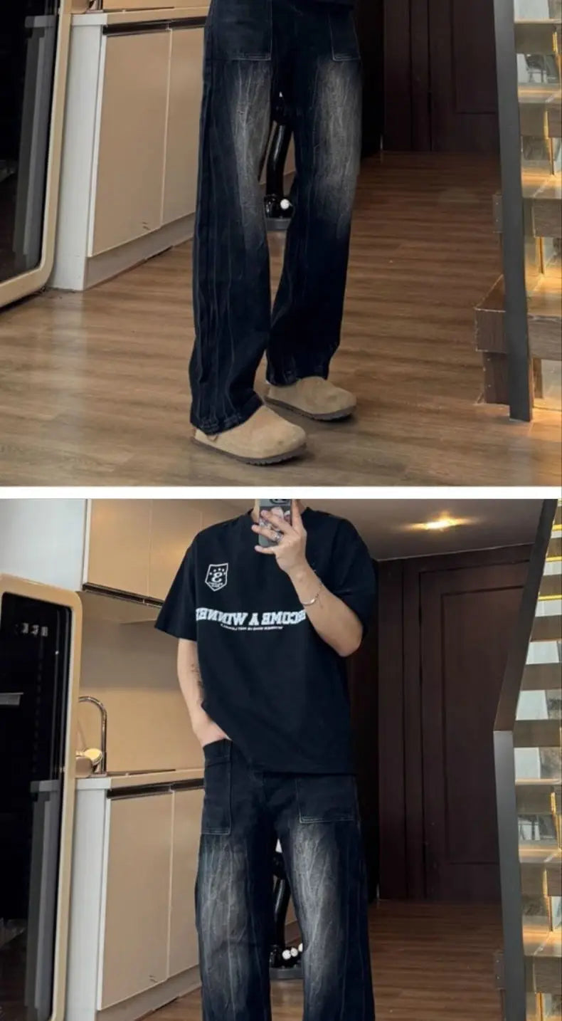 Washed Cracked Jeans Men's Spring 2026 American High Street Pants Slim Pants Mens Clothing Baggy Cowboy Man Pants baggy jeans