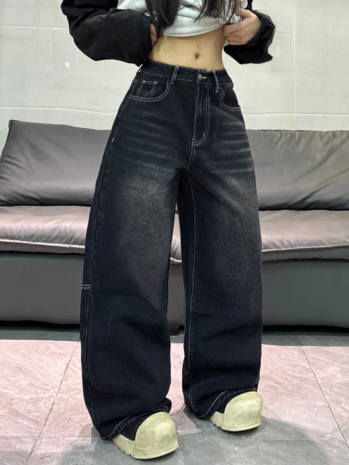American Retro Spider Web Embroidery Design Black Loose High-Waist Jeans Women Y2K Street Fashion Versatile Wide-Leg Pants