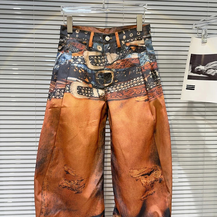 PENDRA Colorpaint Belt Print Wide Leg Jeans