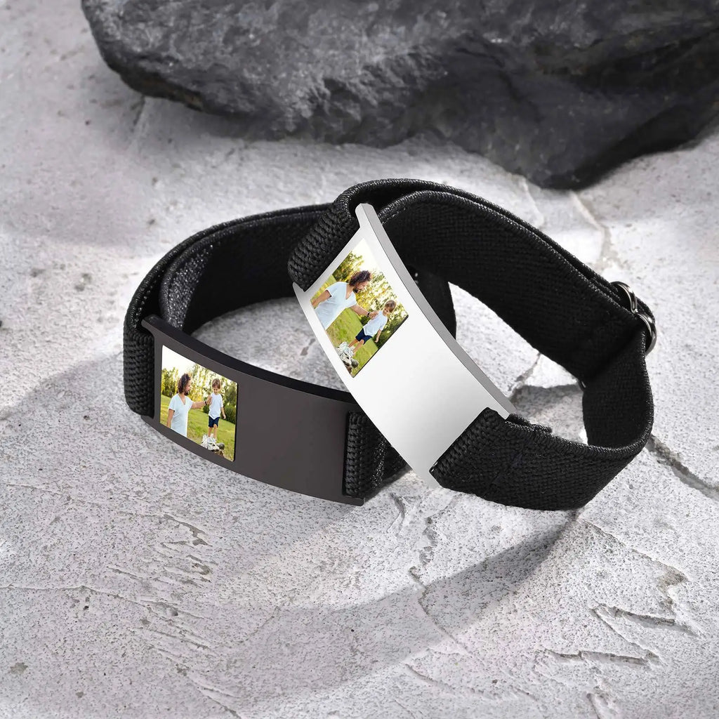 Engrave ID Bracelet for Boy Girls,Personalized Stainless Steel Fabric Elastic Bracelet,Family Photo Wristband Gift