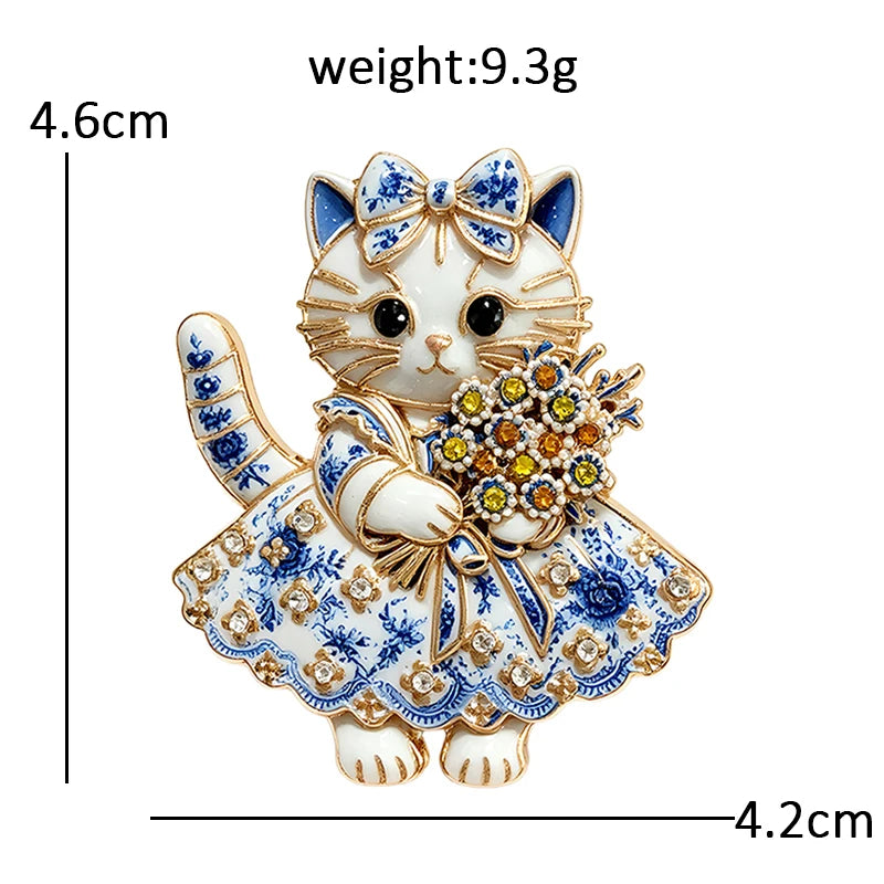 PENDRA Porcelain Cats Blue-and-White Rhinestone Brooch