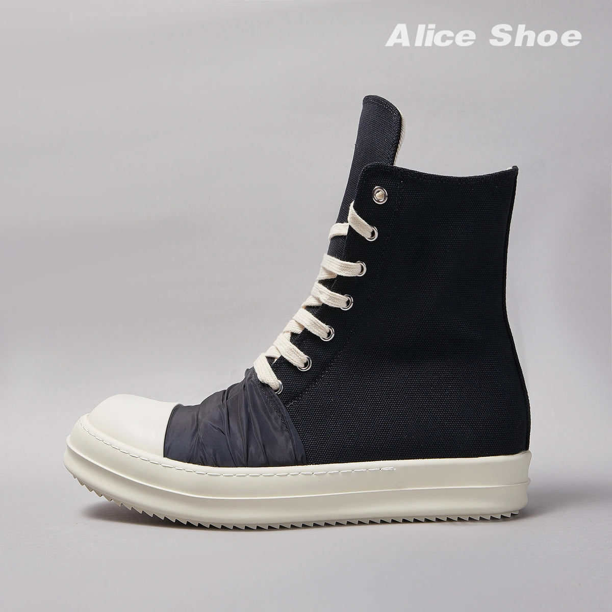 PENDRA Pleated Noir Black Canvas High-Top Zip Thick-Sole Platform Sneakers