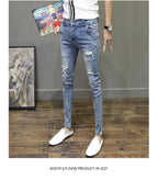 Light-colored Distressed Denim Cropped Trousers For Men Personality Slant Pocket Design, Embroidered Slim-fit Pencil Trousers