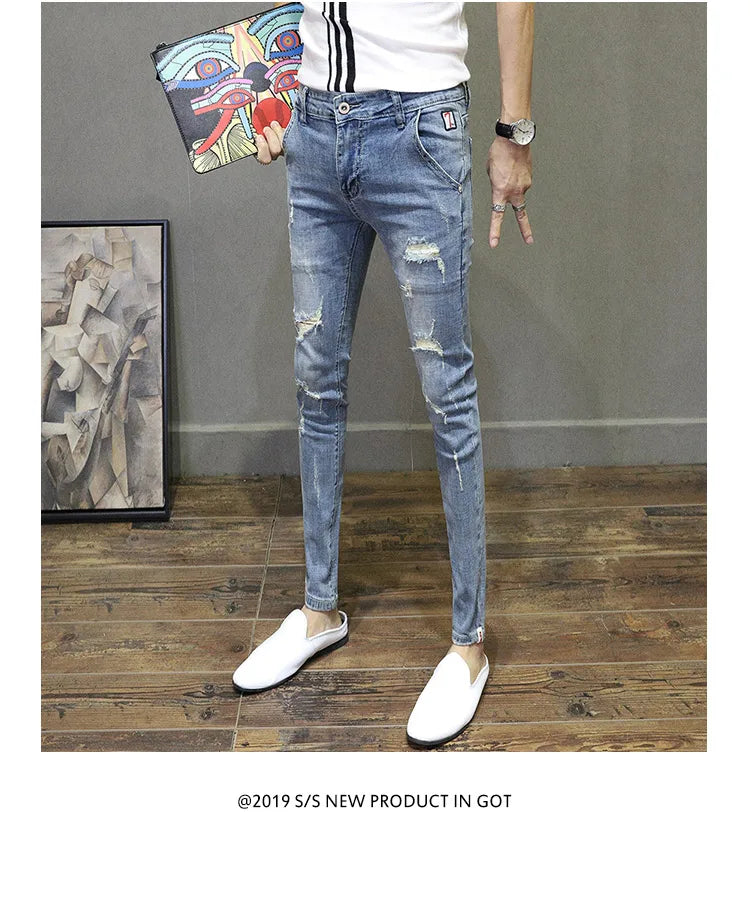 Light-colored Distressed Denim Cropped Trousers For Men Personality Slant Pocket Design, Embroidered Slim-fit Pencil Trousers
