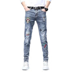 Hot Sale Men's Luxury Jeans Streetwear Denim Pants Punk Distressed Hole Tiger Embroidery Patches Stretch Skinny Ripped Trouser