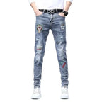 Hot Sale Men's Luxury Jeans Streetwear Denim Pants Punk Distressed Hole Tiger Embroidery Patches Stretch Skinny Ripped Trouser