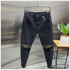 New Arrival Spring Autumn Casual Denim Slim Fit Jeans for Men with Knee Zipper Eye Designer and Vintage Black Jeans Men's Luxury