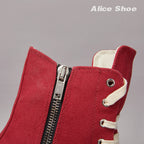 PENDRA Red Punk Red Canvas High-Top Zip Thick-Sole Platform Ankle Boots