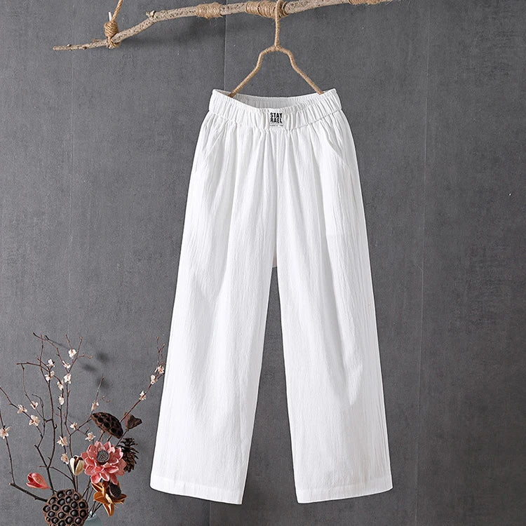 Female 2025 High Quality Loose Trousers Summer Elastic Waist Women's Pants Casual Solid Cotton Linen Ankle Length Pants