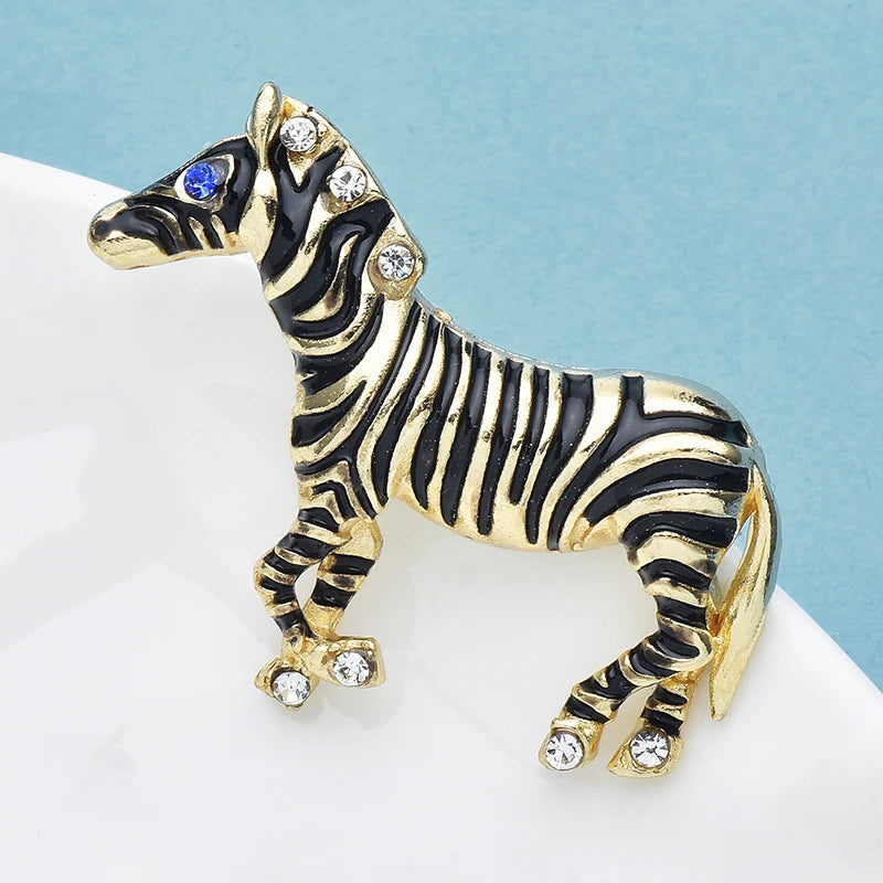 Wuli&baby Enamel Zebra Blue Crystal Eye Horse Brooches Animal Jewelry Accessory Pins Gift Metal Badge