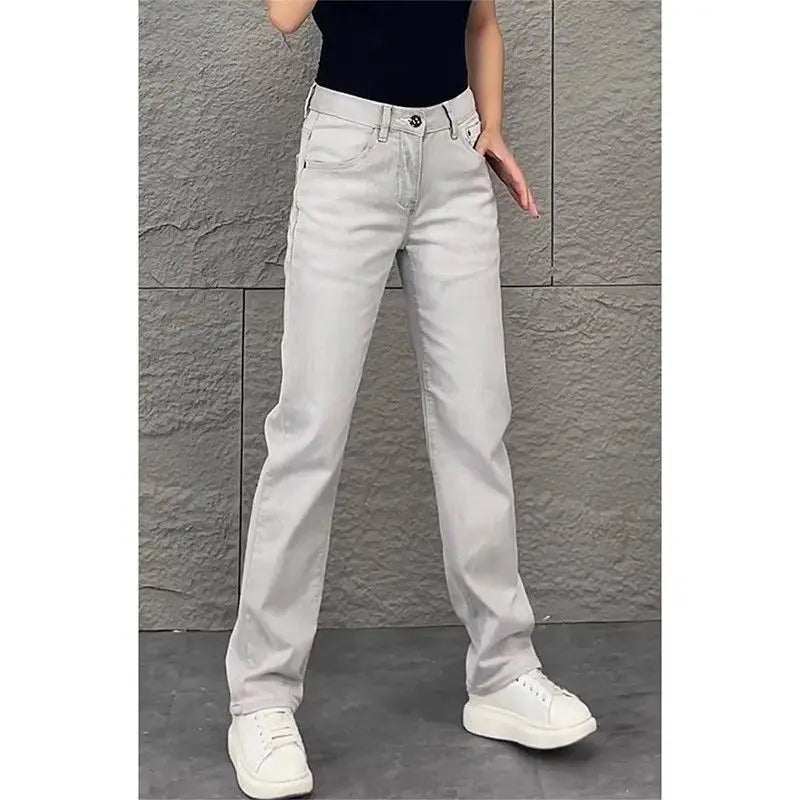 PENDRA Original White Gray Draped Slim-Fit Straight-leg Slimming Jeans