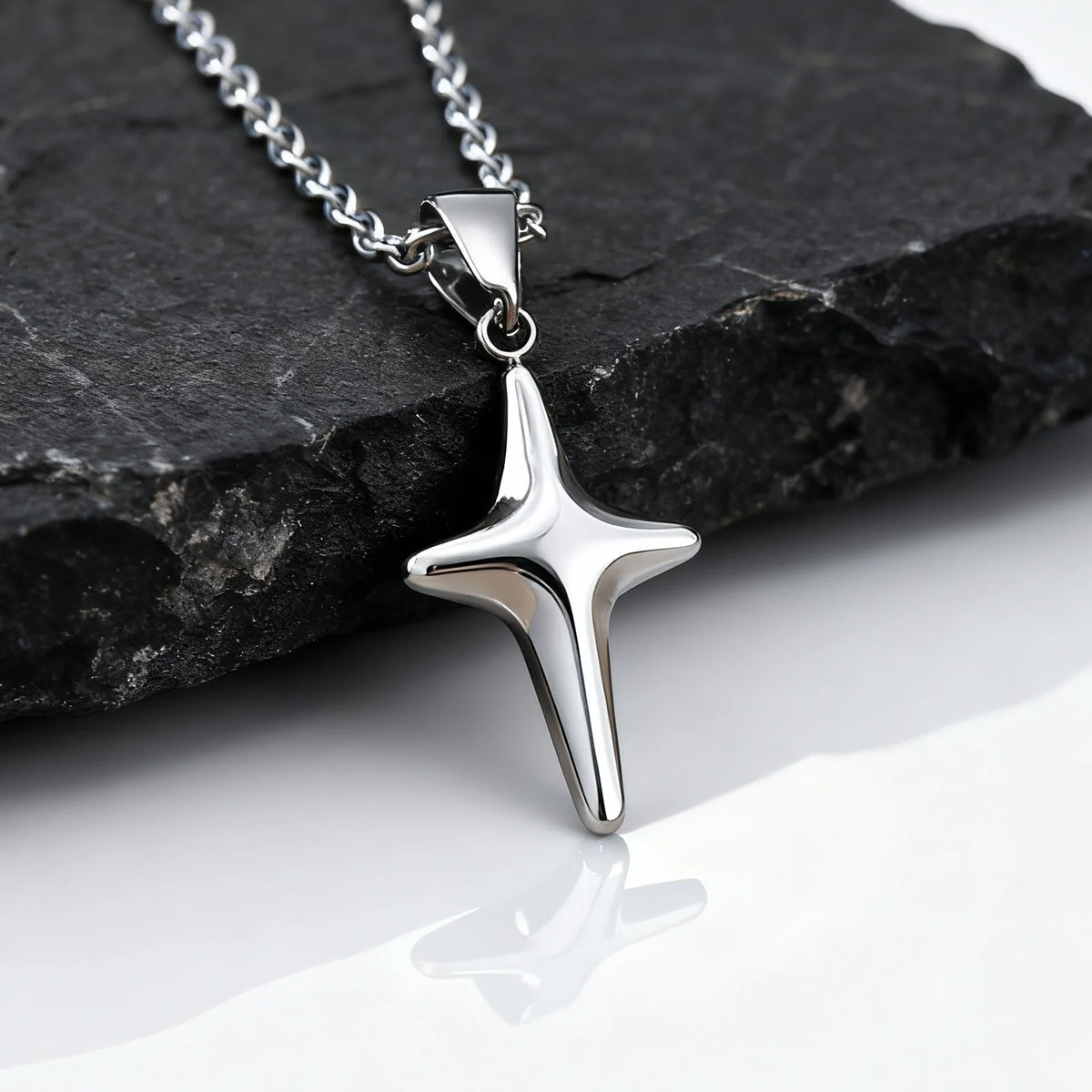 Simple Trendy Star Necklace for Men Boys,Silver Color Stainless Steel 4-Point Star Pendant,Hip Hop Minimalist Jewelry Gift