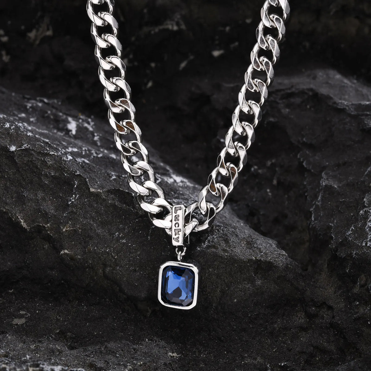 Hiphop Chunky Cuban Chain Necklace for Men Boys,Stainless Steel Lucky Words Square Stone Pendant Collar,Trendy Birthday Gift