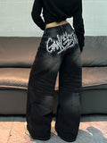American Vintage Distressed Washed Letter Embroidery Loose Jeans Y2K Street Fashion Versatile Black Wide-Leg Pants For Women