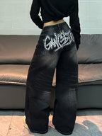 American Vintage Distressed Washed Letter Embroidery Loose Jeans Y2K Street Fashion Versatile Black Wide-Leg Pants For Women