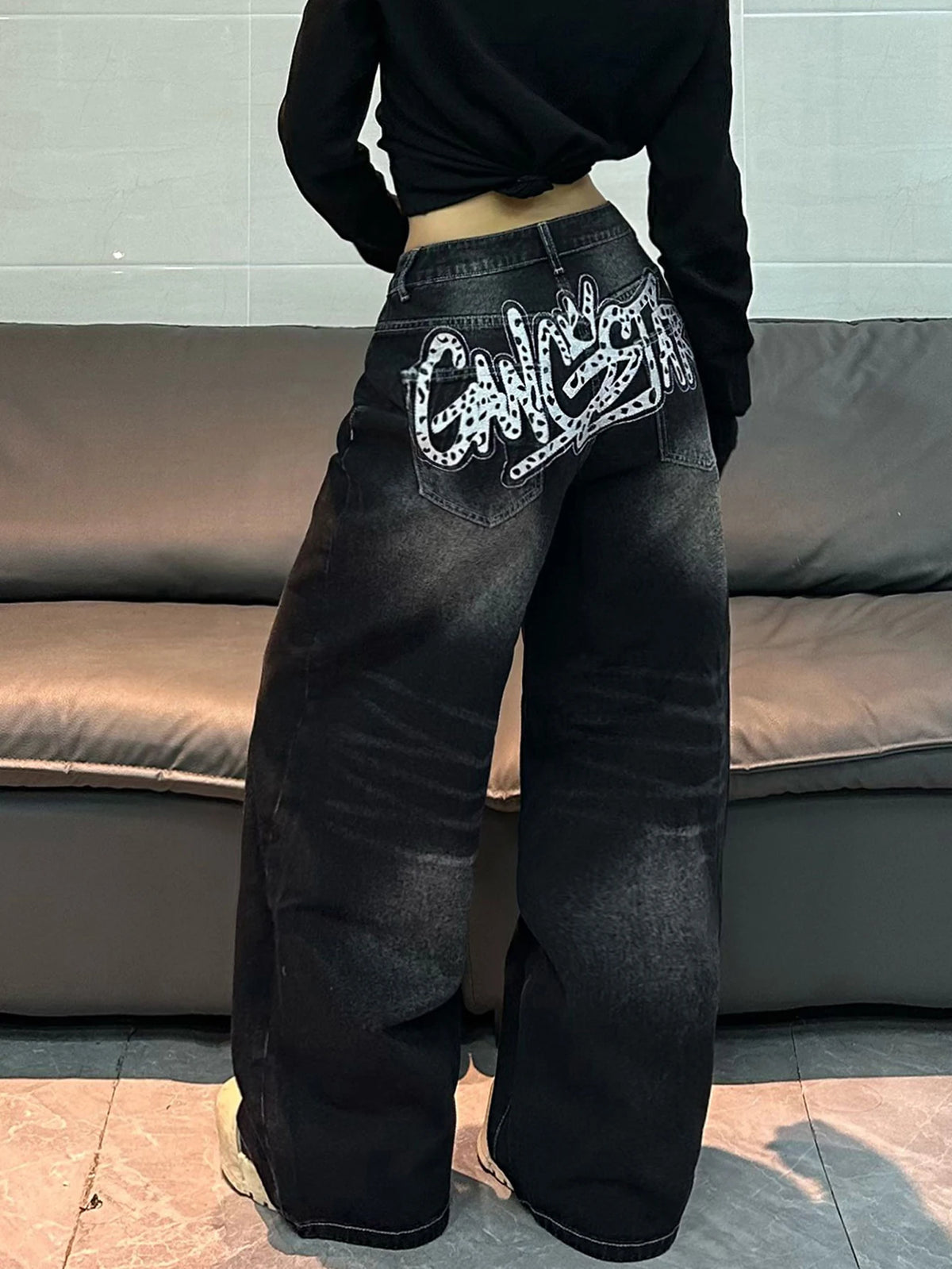American Vintage Distressed Washed Letter Embroidery Loose Jeans Y2K Street Fashion Versatile Black Wide-Leg Pants For Women