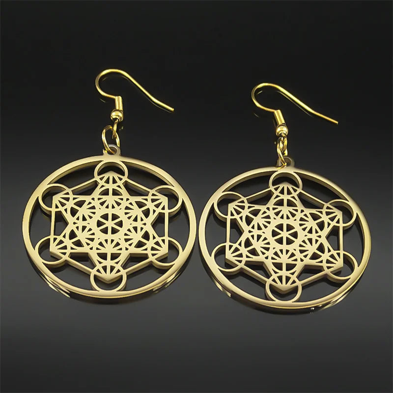 Sacred Geometry Metatron Cube Big Hoop Earrings for Women Stainless Steel Gold Color Amulet Chakra Round Hollow Earrings Jewelry