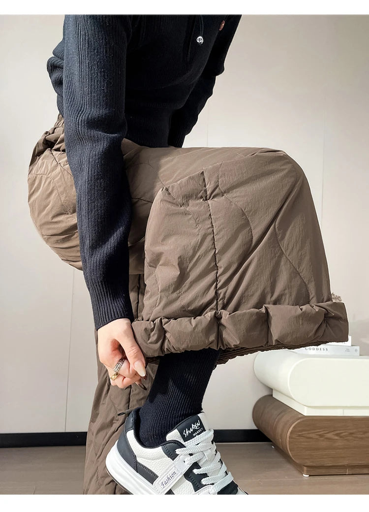 Elastic waist design down pants women winter cold resistant and warm high waist loose hanging casual straight leg pants