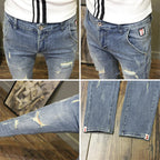 Light-colored Distressed Denim Cropped Trousers For Men Personality Slant Pocket Design, Embroidered Slim-fit Pencil Trousers
