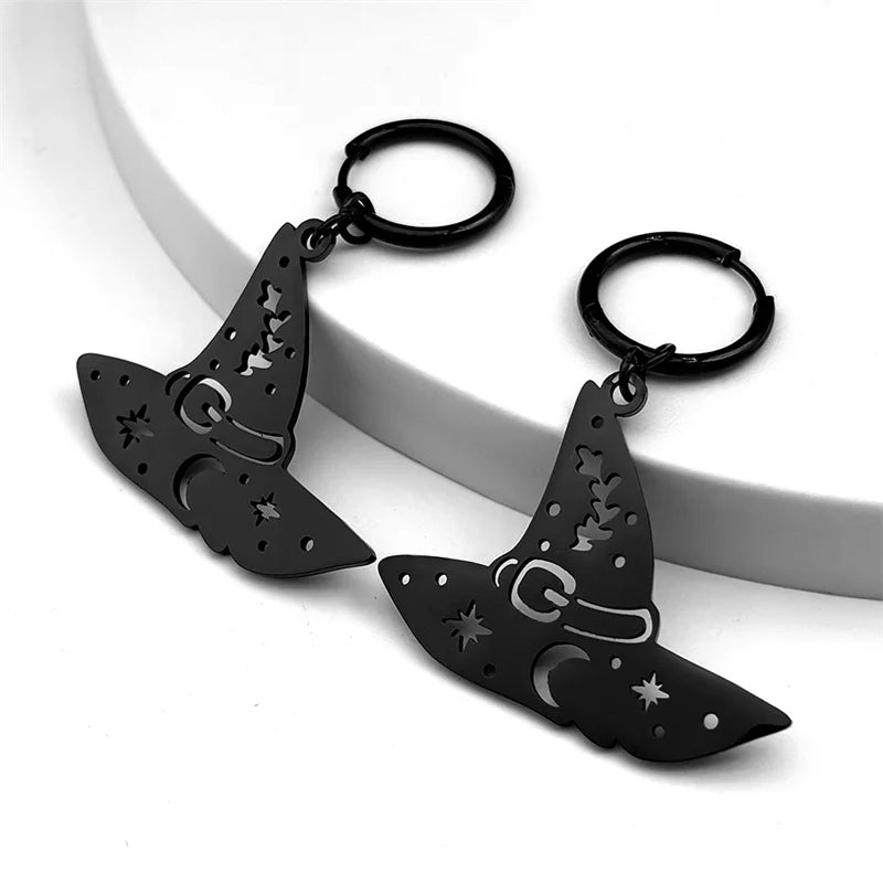 Witch Hat Star Moon Hoop Earring for Women Stainless Steel Black Silver Color Halloween Charm Earrings Gift Jewelry
