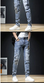 Autumn New Arrival Men's Jeans: Elastic Embroidered Patchwork Hip Hop Denim Pants Korean Style Slim Fit Cotton Trousers for Men