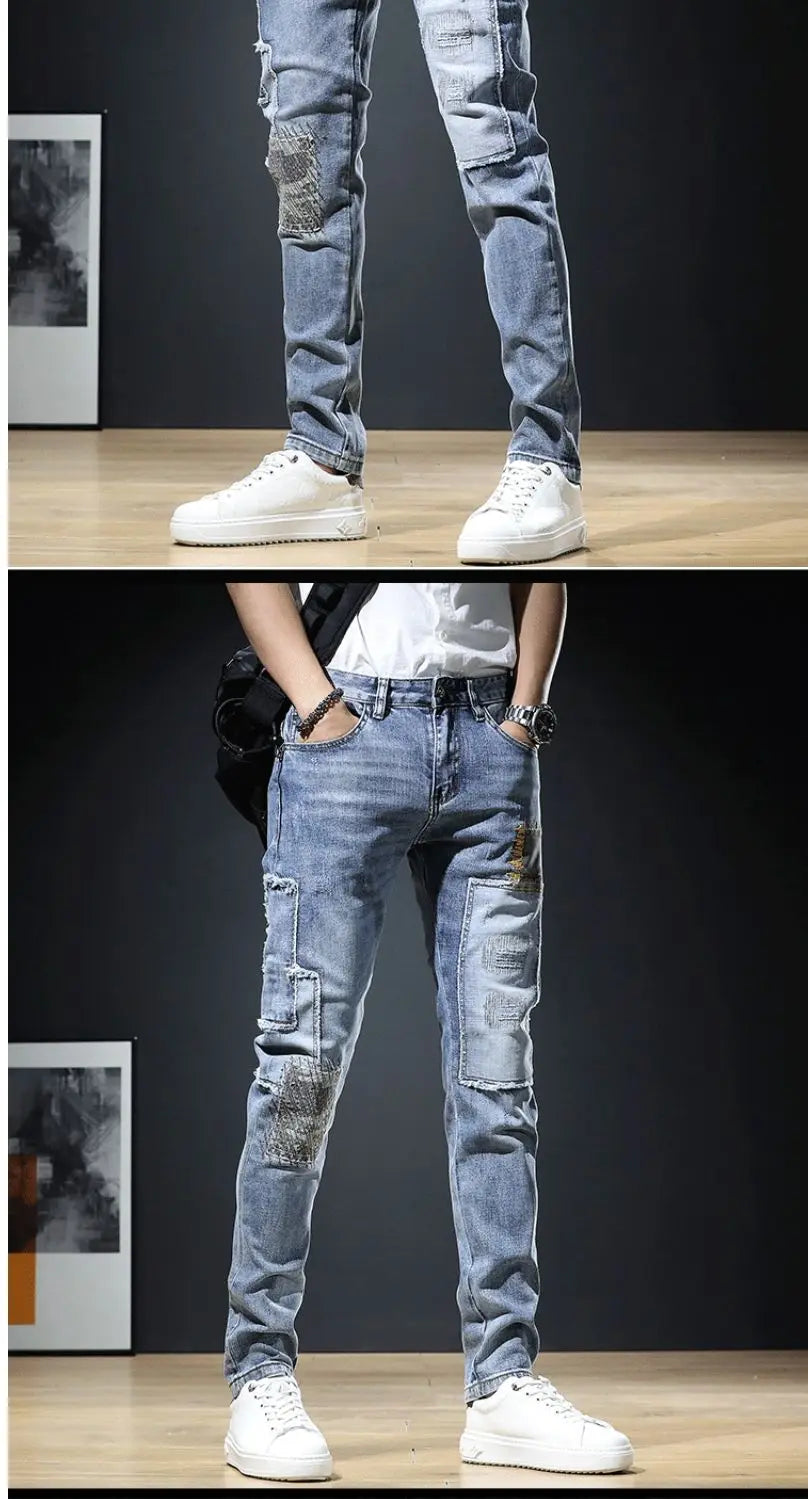 Autumn New Arrival Men's Jeans: Elastic Embroidered Patchwork Hip Hop Denim Pants Korean Style Slim Fit Cotton Trousers for Men