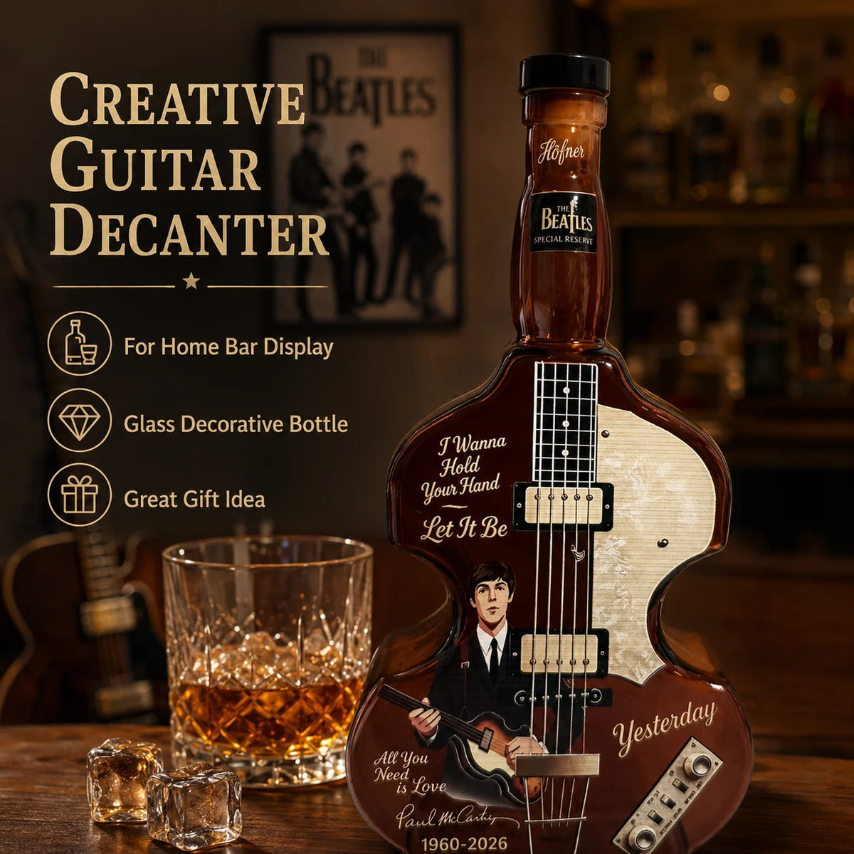 Paul McCartney The Beatles Glass Whiskey Decanter 350ml Guitar Shape Sticker Craft Liquor Bottle Music Fan Collection Gift