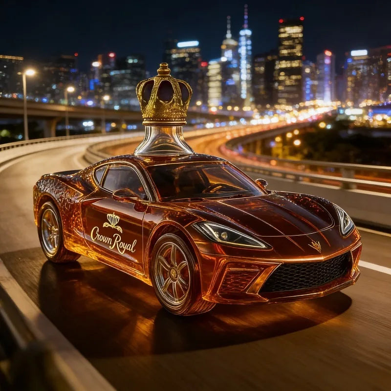 Collectible Crown Royal Style Sports Car Whiskey Decanter, Amber Glass Liquor Bottle for Man Cave & Racing Fan Gifts
